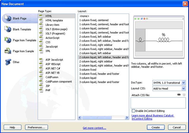 create a new page in Dreamweaver