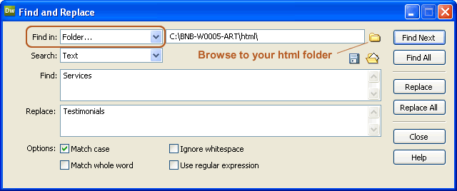 Dreamweaver Replace and Find
