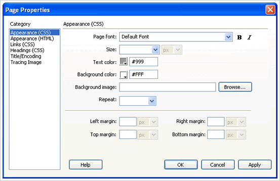 Page Properties in Dreamweaver